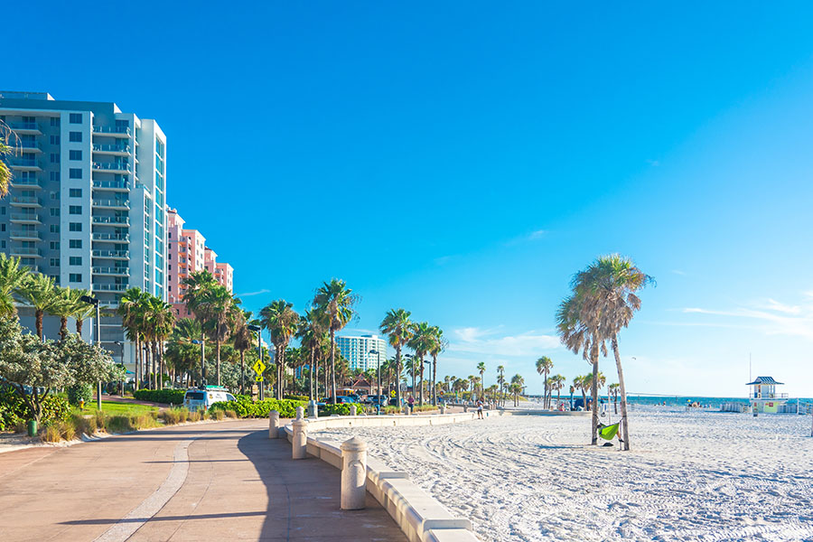 About Our Agency - Clearwater Beach With Beautiful White Sand and Palm Trees in Florida on a Sunny Day